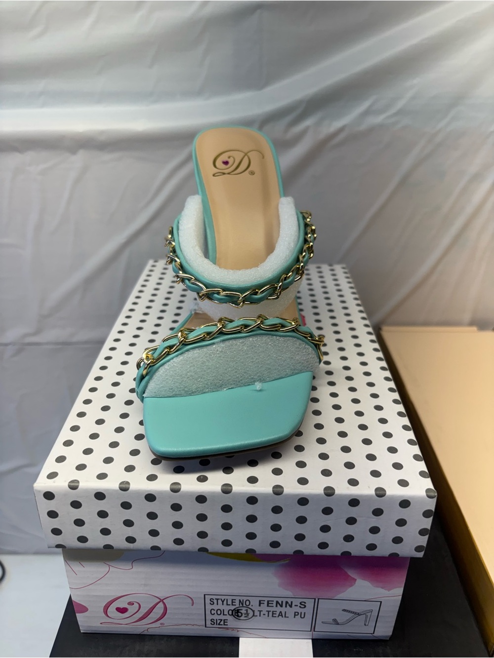 Delicious Teal Block-Heel Slide with Gold Chain - Picture 2 of 7